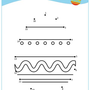 May include: A connect-the-dots activity for kids featuring a black and white illustration of an Easter egg. The numbers 1 through 16 are scattered around the image.