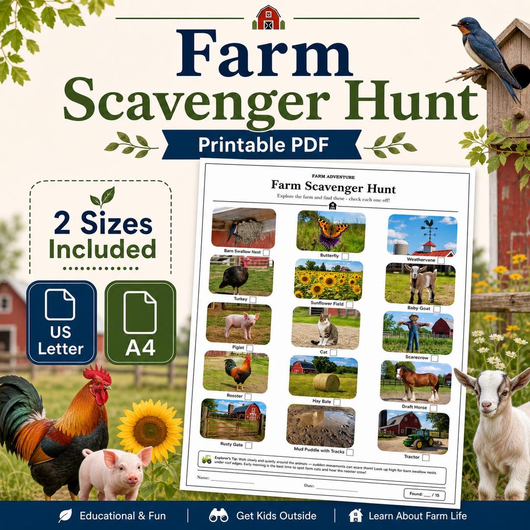 Farm Scavenger Hunt — Printable Activity Sheet, 15 Farm Finds, US ...