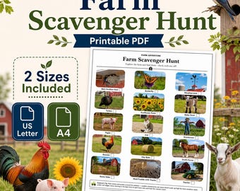 Farm Scavenger Hunt — Printable Activity Sheet, 15 Farm Finds, US Letter + A4, PDF