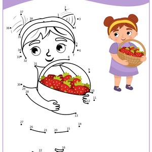 May include: A connect-the-dots activity for kids featuring a girl holding a basket of strawberries. The girl is wearing a purple dress and a yellow headband. The basket is brown and woven. The strawberries are red.