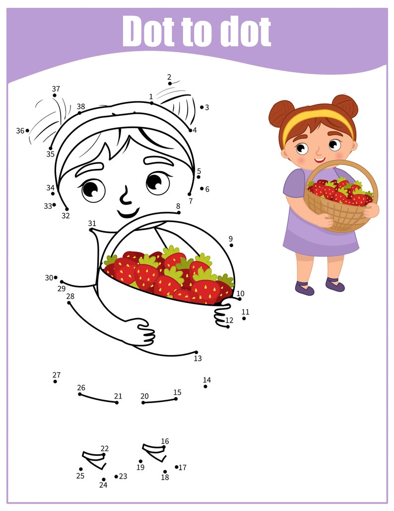 May include: A connect-the-dots activity for kids featuring a girl holding a basket of strawberries. The girl is wearing a purple dress and a yellow headband. The basket is brown and woven. The strawberries are red.
