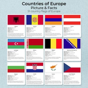 DRAPEAUX de l'EUROPE, pays de l'EUROPE, 51 pays, 153 cartes Montessori, faits et images, cartes en trois parties, cartes de nomenclature, PDF