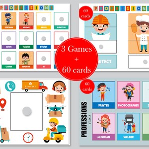 Beroepsactiviteit, gemeenschapshelpers, 3 spellen + 60 kaarten, voorschools kaartspel, voorschoolse afdrukbare, thuisschoolactiviteit, matchingspel