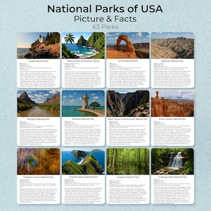 63 Flashcards de Parques Nacionais dos EUA, Cartões Educacionais de Natureza para Crianças e Adultos, Fatos e Imagens, Cartões Montessori, Cartões de Três Partes, PDF