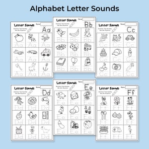 Páginas para colorir com som de letras, 26 páginas para impressão, planilha do alfabeto, traçado do alfabeto, PDF