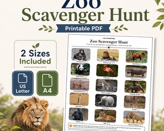 Zoo Scavenger Hunt — Printable Activity Sheet, 15 Zoo Animals, US Letter + A4, PDF