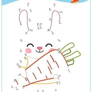 May include: A connect-the-dots activity for kids featuring a cartoon bunny holding a carrot. The numbers 1 through 47 are scattered around the image, and the lines connecting the dots form the outline of the bunny and carrot.