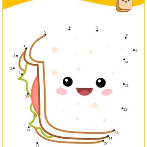 May include: A connect-the-dots activity for kids featuring a cartoon sandwich with a smiling face. The numbers 1 through 20 are scattered around the image, guiding the user to connect the dots and complete the drawing.