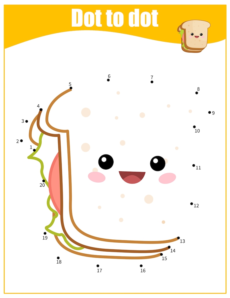 May include: A connect-the-dots activity for kids featuring a cartoon sandwich with a smiling face. The numbers 1 through 20 are scattered around the image, guiding the user to connect the dots and complete the drawing.