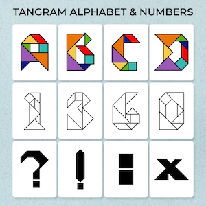 ALFABETO TANGRAM E NÚMEROS, 123 Cartões Montessori, Quebra-cabeças para crianças para impressão, Jogo para crianças, Cartões Flash, Jogo educativo, PDF