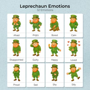 May include: A set of illustrated cards titled "Leprechaun Emotions" with 32 emotions. Each card features a cartoon leprechaun in a green outfit, depicting emotions such as afraid, angry, bored, calm, disappointed, guilty, happy, loved, proud, sad, shy, and silly.
