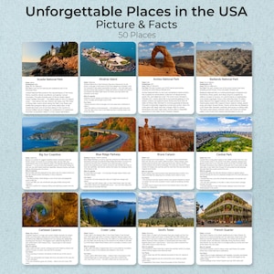May include: A collection of 12 cards featuring photographs and facts about various locations in the USA. The title "Unforgettable Places in the USA" is displayed at the top, with "Picture & Facts" and "50 Places" below it.