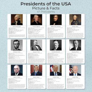 PREZYDENCI USA, 47 prezydentów, 141 kart Montessori, fakty i obrazki, karty trzyczęściowe, karty nomenklatury, PDF