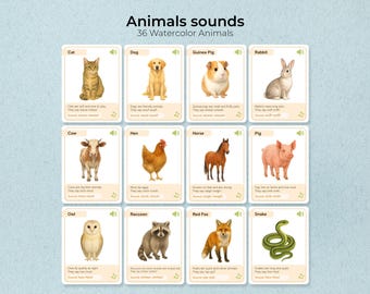 Watercolor Animal Sounds Flashcards, Preschool Learning (PDF Download)
