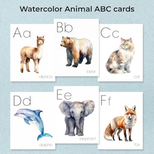 Cartões Flash do Alfabeto de Animais, Alfabeto de Animais do Mundo, Cartões do Alfabeto, Animais em Aquarela, ABC, A-Z, Cartões Flash para Impressão