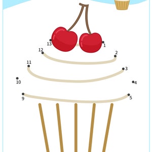 May include: A connect-the-dots activity for kids featuring a cupcake with cherries on top. The numbers 1 through 13 are scattered around the image, guiding the user to connect the dots and complete the drawing.