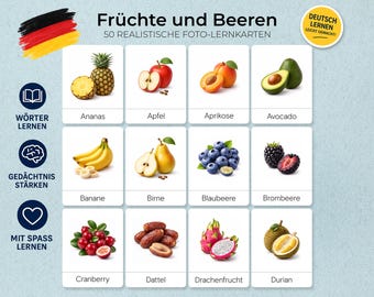 German Fruits and Berries Flashcards, Realistic Photo Vocabulary Cards (PDF Download)
