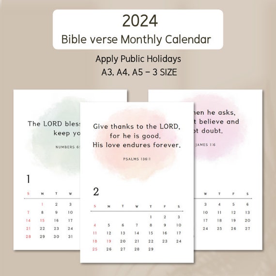 2024 Bible Verse Calendar Desk Calendar 2024 Calendar Printable Monthly Calendar Bible Verse Printable 2024 Apply Public Holidays A5 A4 A3 - Etsy