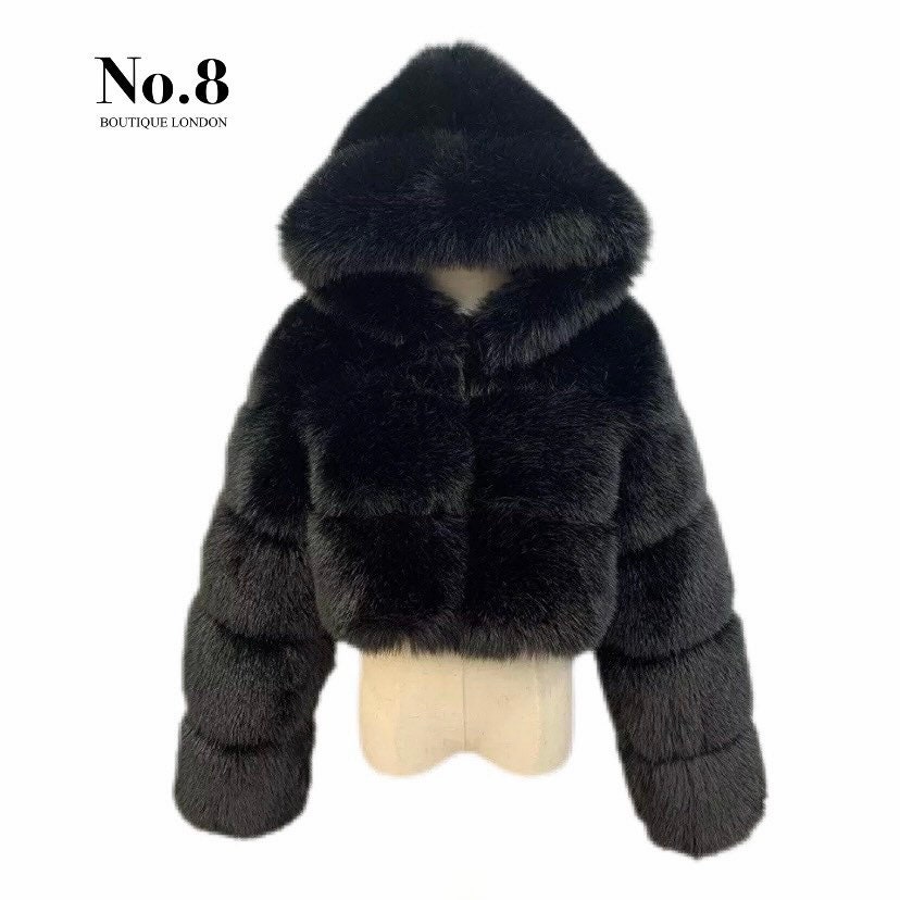 Cropped Hooded Faux Fur Jacket | Etsy UK