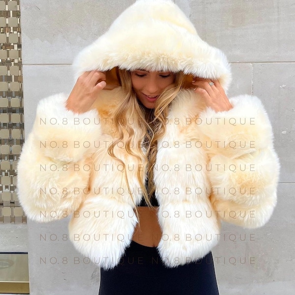 Hooded Cropped Faux Fur Jacket Women's - Fashion Wedding Party