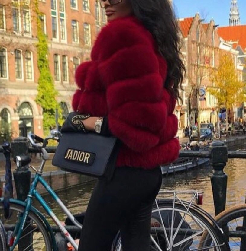 cropped red faux fur jacket