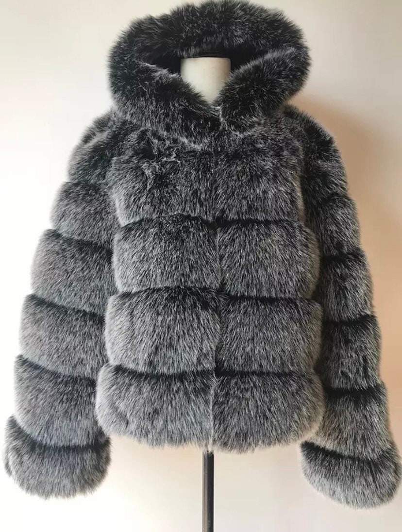 Classic Hooded 5 Row Faux Fur Jacket Short Version - Etsy UK