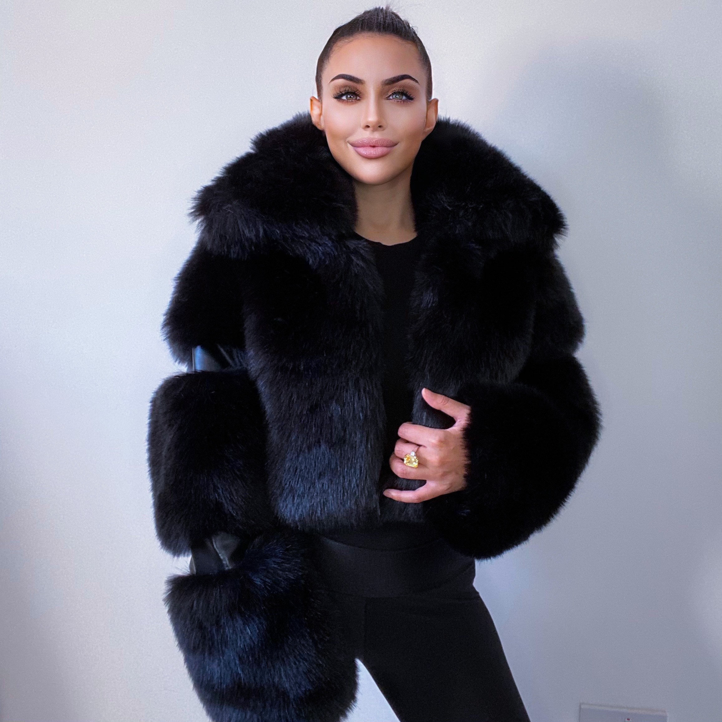 Cropped Collar Faux Fur Jacket Black Etsy