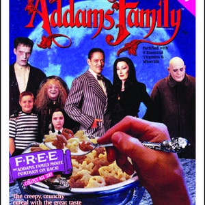 May include: A box of The Addams Family cereal with a picture of the Addams Family characters on the front. The cereal is fortified with 9 essential vitamins and minerals. The box says "The creepy, crunchy cereal with the great taste you'll scream for."  Net weight 11 oz. (311g).