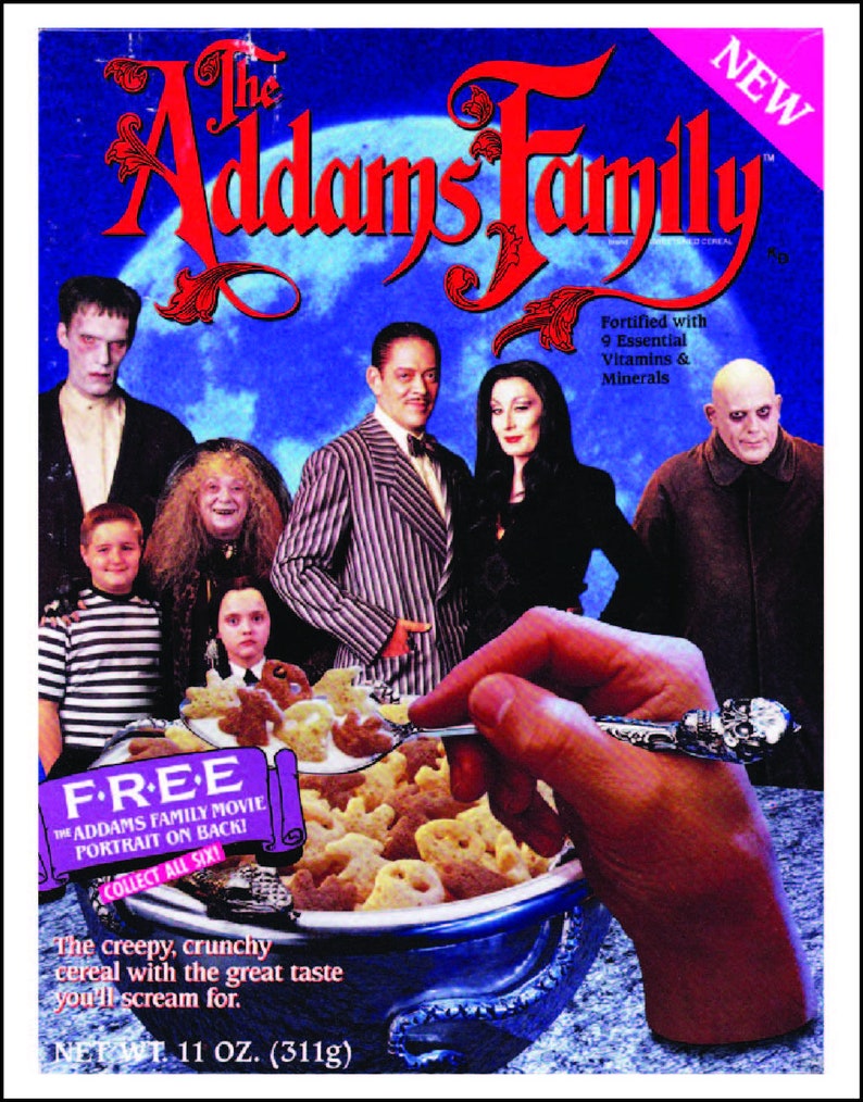 May include: A box of The Addams Family cereal with a picture of the Addams Family characters on the front. The cereal is fortified with 9 essential vitamins and minerals. The box says "The creepy, crunchy cereal with the great taste you'll scream for."  Net weight 11 oz. (311g).
