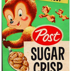 Puede incluir: Una caja vintage de cereal Post Sugar Crisp con un oso de dibujos animados sosteniendo una cuchara con cereal. La caja es verde con un logotipo rojo y blanco y el texto "FUNARAMA RUFF AND REDDY CUTOUT" en una pancarta amarilla.