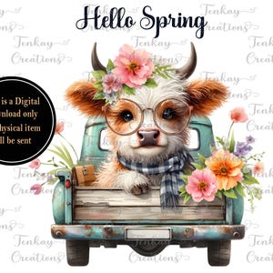 Bonjour printemps PNG, bébé vache, sublimation vache Highland, bébé vache printemps, bébé vache avec fleurs, usage commercial, téléchargement numérique