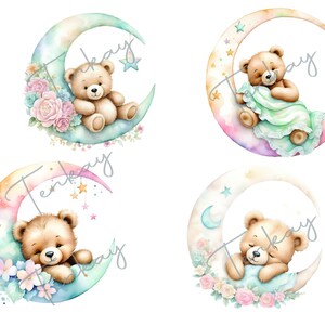 Pode incluir: Quatro ilustra&ccedil;&otilde;es de aquarela de ursos de pel&uacute;cia dormindo em luas crescentes. Cada lua tem um esquema de cores diferente e apresenta estrelas e flores.