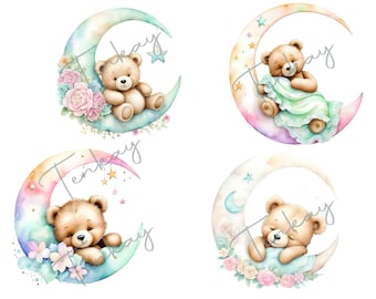 Clipart orsacchiotto, orsetti Boho, orsacchiotto acquerello, clipart baby shower, orso sulla luna, PNG shabby chic