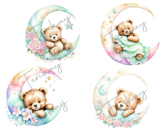 Teddy Bear Clipart, Boho Teddy Bears, Watercolor Teddy, Baby Shower Clipart, Bear on Moon, Shabby Chic PNGs