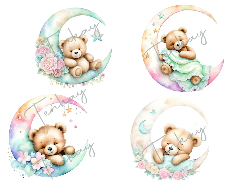 Pode incluir: Quatro ilustra&ccedil;&otilde;es de aquarela de ursos de pel&uacute;cia dormindo em luas crescentes. Cada lua tem um esquema de cores diferente e apresenta estrelas e flores.