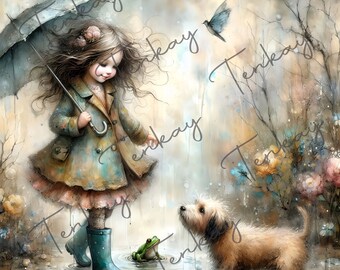 Whimsical Art Print, Child and Dog Painting, Vintage Art Print, Nursery Print, Oil Painting Print, Vintage Children Print, Instant Download