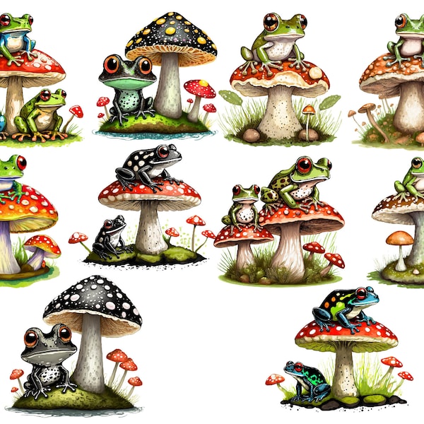 Frog Bundle, Frog Toadstool, Frog PNG, Frog Digital Download, Cute Frogs, Watercolor Frog, Frog Clipart, Frog and Mushroom