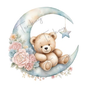Pode incluir: Uma ilustra&ccedil;&atilde;o em aquarela de um urso de pel&uacute;cia marrom sentado em uma lua crescente com um fundo de c&eacute;u estrelado azul e branco. A lua &eacute; cercada por flores rosa e azuis.