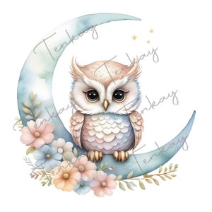 Pu&ograve; includere: Un'illustrazione ad acquerello di un gufo carino appollaiato su una luna crescente con fiori rosa e blu pastello. La luna &egrave; di colore blu chiaro con un effetto acquerello. Il gufo ha grandi occhi rotondi e un corpo morbido e piumato.