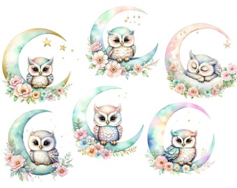 Arte de coruja fofa, clipart de coruja, shabby chic png, arte de diário de lixo, coruja em aquarela, coruja de bebê, clipart de quarto de berçário