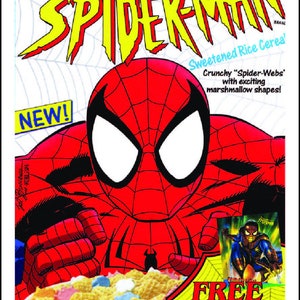 May include: A box of Spider-Man themed cereal with a red and blue cartoon image of Spider-Man on the front. The cereal is sweetened rice cereal with "Spider-Webs" marshmallow shapes. The box also includes a free Fleer Ultra Spider-Man trading card inside. The box is 12.5 ounces (354 grams).