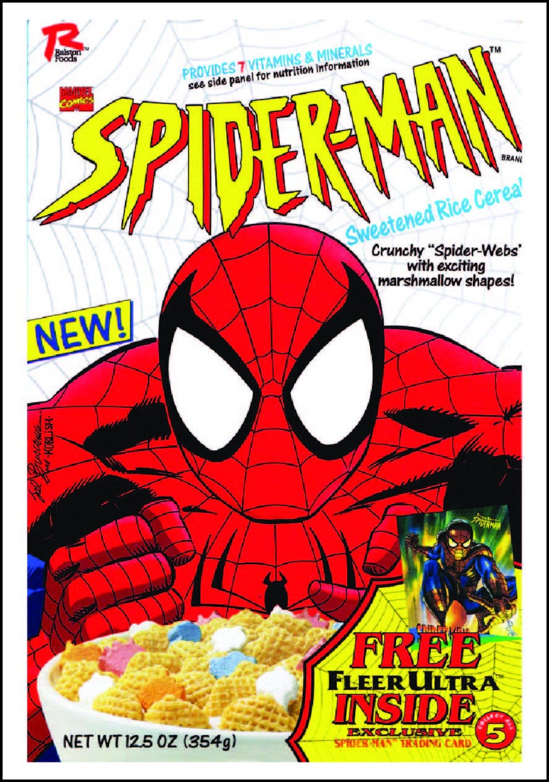 May include: A box of Spider-Man themed cereal with a red and blue cartoon image of Spider-Man on the front. The cereal is sweetened rice cereal with "Spider-Webs" marshmallow shapes. The box also includes a free Fleer Ultra Spider-Man trading card inside. The box is 12.5 ounces (354 grams).