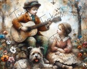 Whimsical Art Print, Child and Dog Painting, Vintage Art Print, Nursery Print, Oil Painting Print, Vintage Children Print, Instant Download