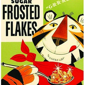 Puede incluir: Una caja de cereal vintage de Kellogg's Sugar Frosted Flakes con Tony el Tigre con un pa&ntilde;uelo rojo, sosteniendo una cuchara de cereal y diciendo "GRR-REAT!"