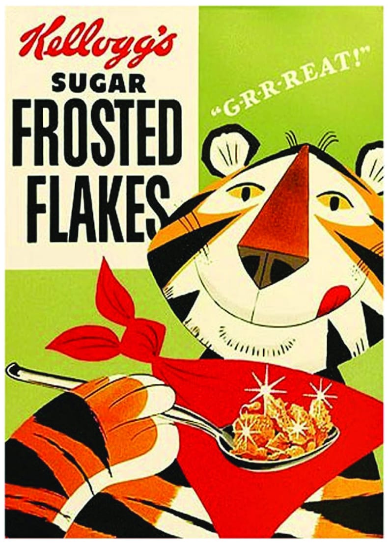 Puede incluir: Una caja de cereal vintage de Kellogg's Sugar Frosted Flakes con Tony el Tigre con un pa&ntilde;uelo rojo, sosteniendo una cuchara de cereal y diciendo "GRR-REAT!"