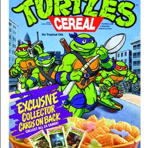 May include: Teenage Mutant Ninja Turtles cereal box featuring the four turtles in action poses. The box is green and orange with the words "Teenage Mutant Ninja Turtles Cereal" in large, bold letters. The cereal is a mix of crunchy "Ninja Nets" and "Ninja Turtle" marshmallows. The box also includes a statement about exclusive collector cards on the back. The box is 12.5 ounces (354 grams).