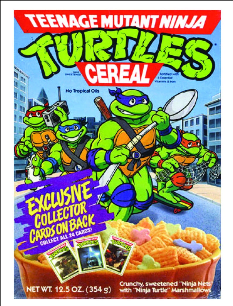 May include: Teenage Mutant Ninja Turtles cereal box featuring the four turtles in action poses. The box is green and orange with the words "Teenage Mutant Ninja Turtles Cereal" in large, bold letters. The cereal is a mix of crunchy "Ninja Nets" and "Ninja Turtle" marshmallows. The box also includes a statement about exclusive collector cards on the back. The box is 12.5 ounces (354 grams).