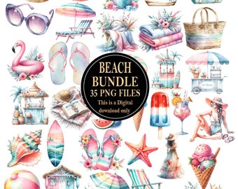 Beach Bundle, Watercolor Beach Clip art, Beach PNG, Summer PNG, Beach Clip art, Beach sublimation, Digital Download, Commercial Use