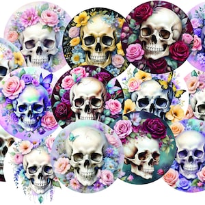 May include: A set of 12 round stickers featuring colorful floral arrangements with skulls. The skulls are white with black eye sockets and are surrounded by pink, purple, and yellow flowers.