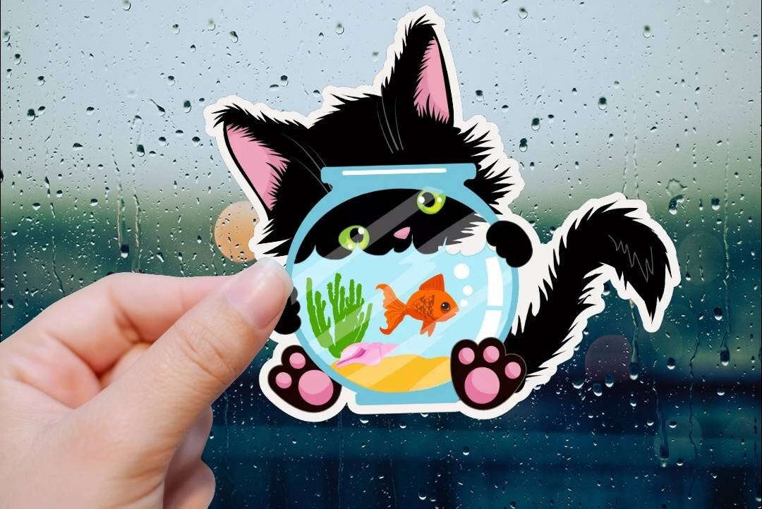 Black Cat Fish Bowl Sticker Cute Black Cat Sticker Vinyl Cat Decal in ...